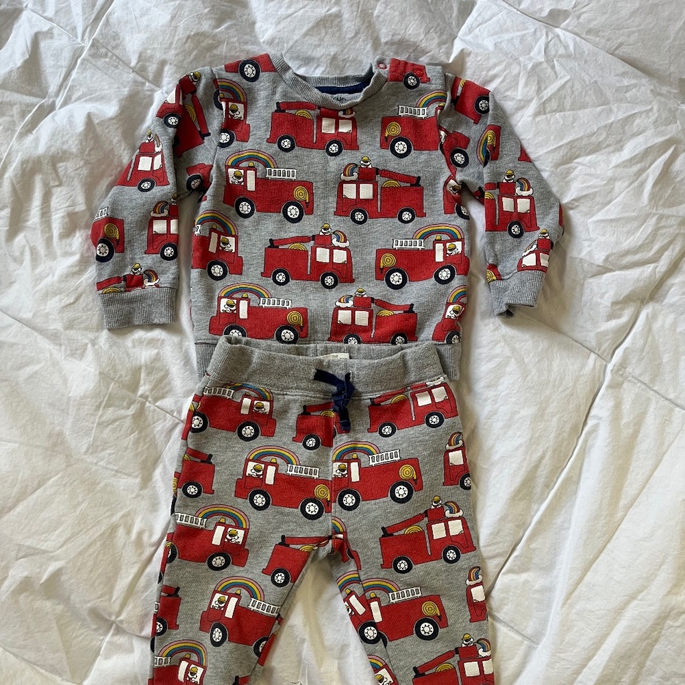 Mini Boden Grey fire truck sweatshirt and pants set, 18-24 months